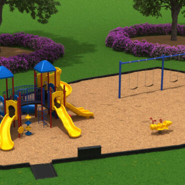 Play Package #155 Front View with Primary Color Schemed Structure, Cobalt Blue Swings, Betsy Bee Spring Rider, Border Timbers, ADA Half Ramp and Border Bench